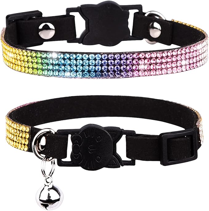 Cat Collar Breakaway Bling Diamond Rhinestone with Bell Adjustable for Cats and Kitten Girl boy (Black)
