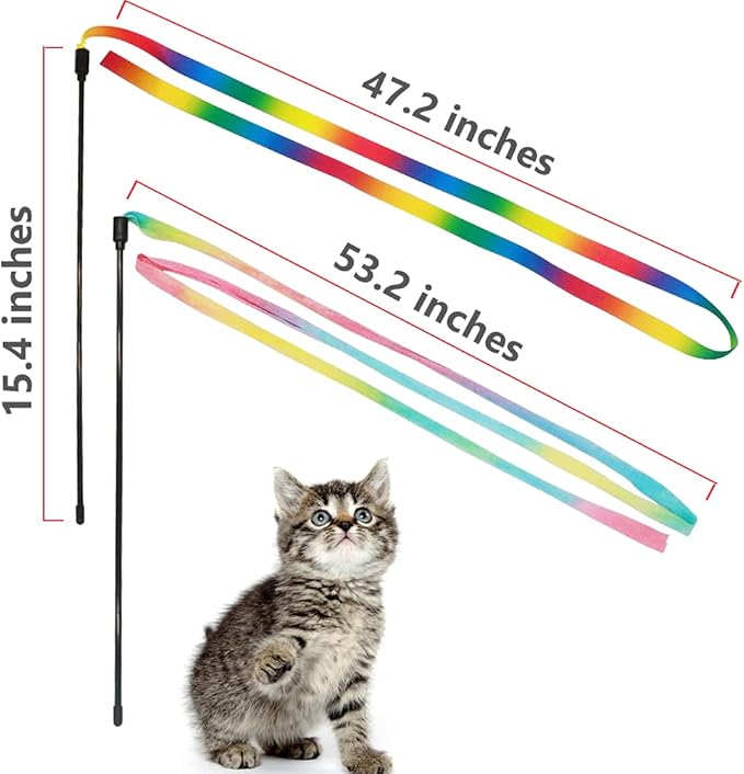 LASOCUHOO Interactive Cat Wand Toys Interactive Cat Teaser Wand String Ribbon Rainbow Charmer for Cats and Kittens - 2 Packs