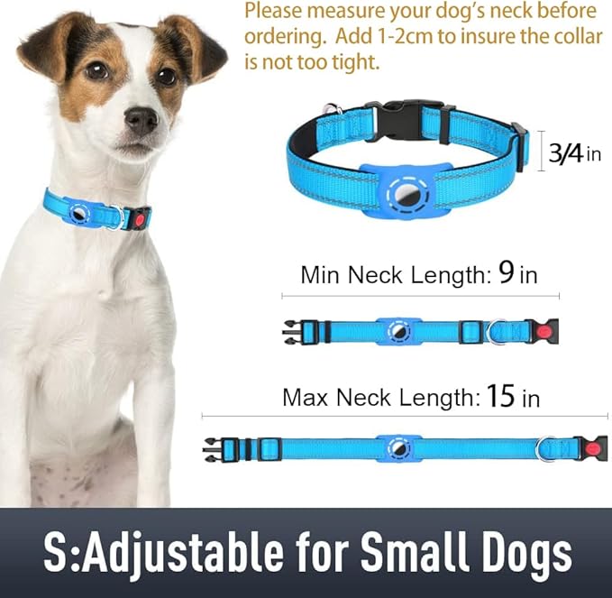 Airtag Dog Collar with AirTag Holder for Small Dogs, Reflective, Soft Padded & Safety Locking Buckle, Nylon Pet Collars Adjustable for All Breeds, SkyBlue,S