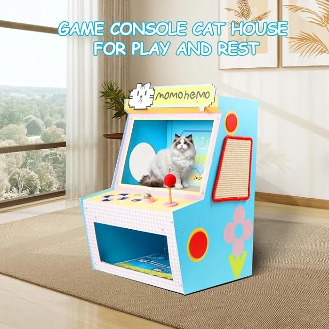 Cat House with Bed & Scratcher - Multi-Level Cat Activity Center Tower for Indoor Cats, Gaming Console Design Cat Condo with Sisal Scratching, Cat Scratcher & Mat, Cardboard Tree & Toys