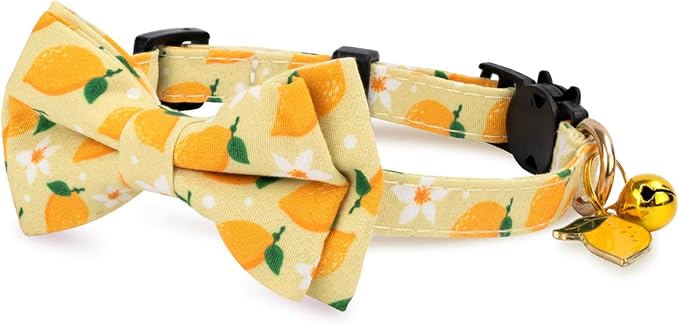 2 Pack Cotton Cat Collar with Bow Tie and Bell for Male Female Cats,Soft Fancy Breakaway Kitty Kitten Collar with Ghost& Pumpkin Patterned Design for Boy Girl Cats. (Peach&Lemon)