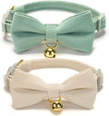 2 Pack Soft Corduroy Cat Collars with Bow Tie & Bell Adjustable Breakaway Bowtie Kitten Collar for Girl Boy Kittens(White & Grass Green)