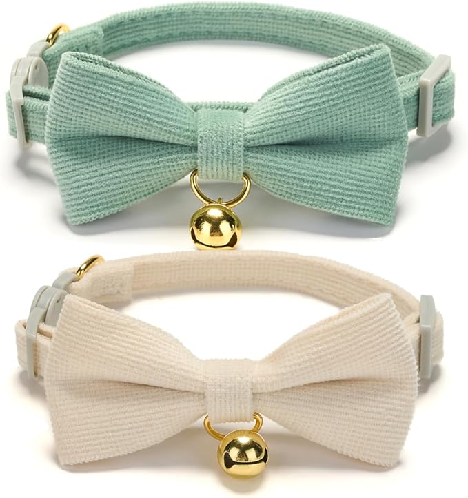2 Pack Soft Corduroy Cat Collars with Bow Tie & Bell Adjustable Breakaway Bowtie Kitten Collar for Girl Boy Kittens(White & Grass Green)