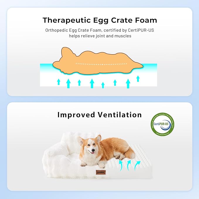 Small Dog Sofa - Orthopedic Cat Sofa Bed for Indoor Cats, Fluffy Faux Fur Dog Couch with Supportive Egg Foam, Cute Pet Couch Bed Removable Washable Cover and Non-Slip Bottom, Ivory White