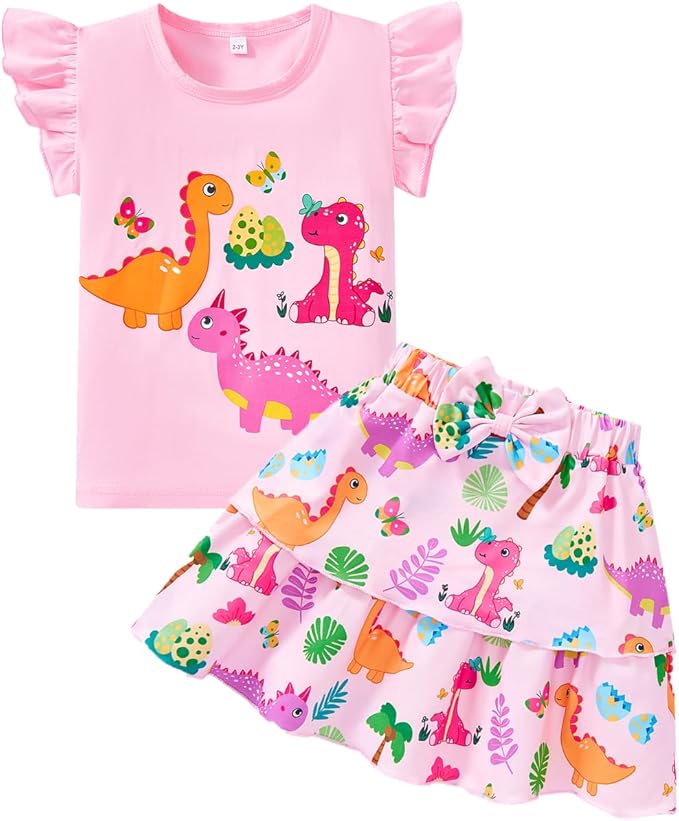 Girls Skirt Set 2 Piece Outfit Toddler Summer Clothes Ruffle Sleeve T-Shirt Bow Knot Tutu Skirt Outfit Set