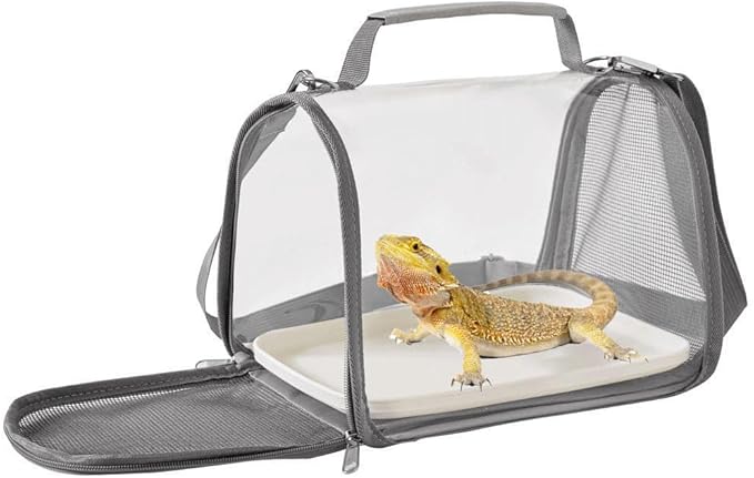 Reptile Small Animal Travel Carrier - Portable Ventilated Pet Carrier for Bearded Dragons, Lizards, Sugar Gliders, Hedgehogs, Rats, Birds, Guinea Pigs etc | Escape-Proof, Breathable Mesh (Grey)