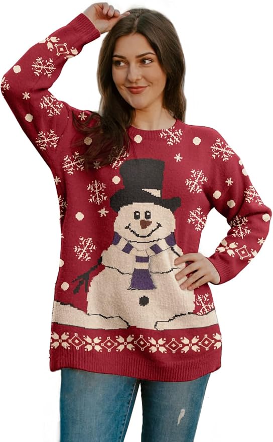 YESNO Women Christmas Sweater Graphic Printed Oversized Pullover Sweaters Casual Loose Knit Tops S01