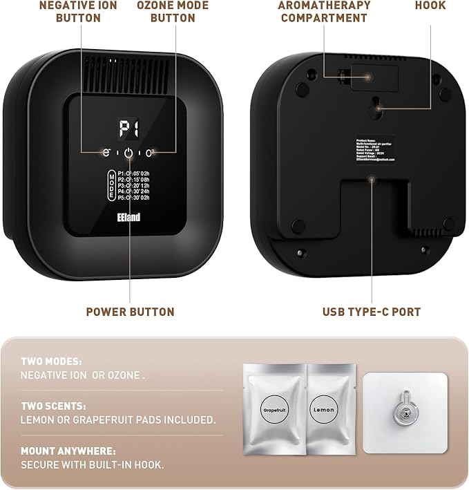 Cat Litter Deodorizer & Strong Odor Eliminator with Ozone & Aromatherapy - 5 Mode Air Purifier for Dog Poop, Cat Pee & Urine, Smoke - Plug in USB for Litter Box, Pet Home, Car, Kitchen, Bathroom