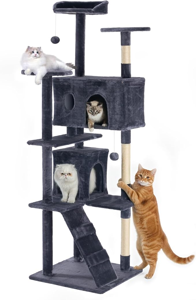 DUMOS 80-inch Indoor Cat Tree Tower –Multi-Level Pet House for Large Cats with 2 Condos, Scratching Posts, Round Platform, Small Ladder, and Toys, Grey