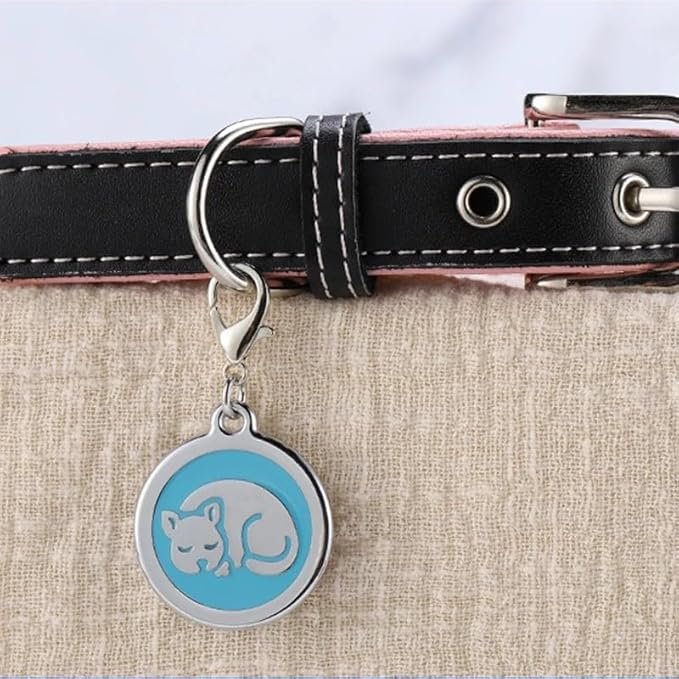 Personalized Pet ID Tags for Kittens and Cats - Custom cat Name tag and ID tag for Collar (Blue, Sleeping Cat Round-Small)