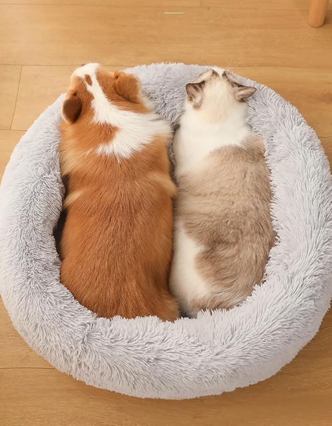 Original Calming Donut Dog and Cat Bed in Shag Fur, Dog Beds for Melium Dogs, Anti Anxiety Round Fluffy Plush Faux Fur Pet Bed 31''×31''