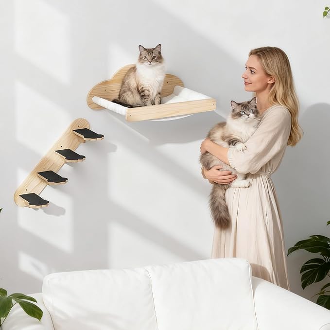 XiaZ Cat Wall Hammock Mounted Bed with 4 Climbing Steps, Modern Cats Shelves and Perches up to 30lbs, Wooden Kitten Wall Furniture for Indoor Sleeping, Playing, Climbing and Lounging (Hammock)