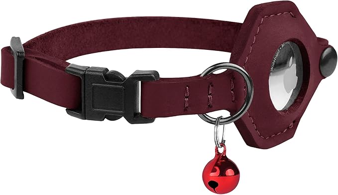 Breakaway Airtag Cat Collar with Removable Bell - Leather Pet Collar with Apple Air Tag Holder - Adjustable GPS Collars for Girl Boy Cats Kitten Puppy - Lightweight, Cute and Comfortable (Burgundy)