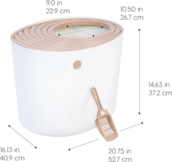 IRIS USA Cat Litter Box, Large Top Entry with Litter Catching Lid and Scoop, Dog Proof, Cat Box Enclosure, Beige/White