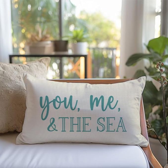 PANDICORN Summer Beach Throw Pillow Covers 12x20 Inch Blue Words You Me and The Sea Ocean Sea Coastal Outdoor Decorations Lumbar Decorative Throw Pillows Cases for Home Living Room Couch Sofa Decor