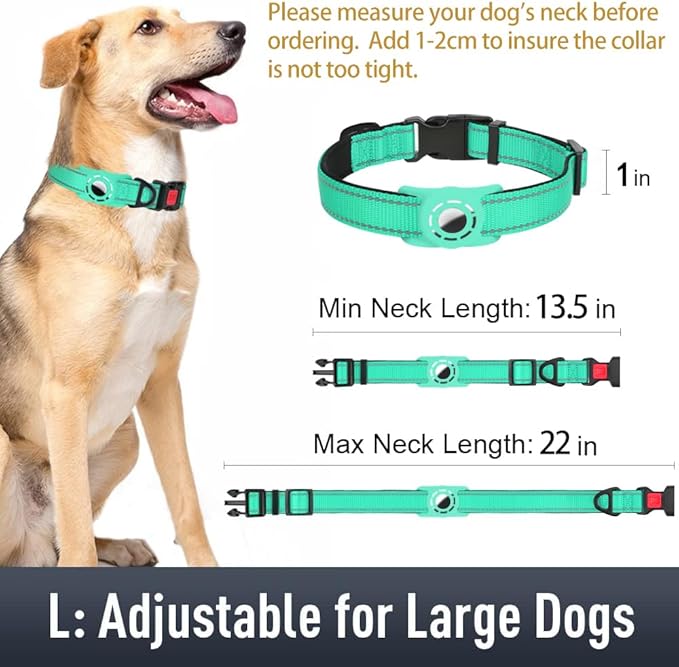 Airtag Dog Collar with AirTag Holder for Large Dogs, Reflective, Soft Padded & Safety Locking Buckle, Nylon Pet Collars Adjustable for All Breeds, Teal,L