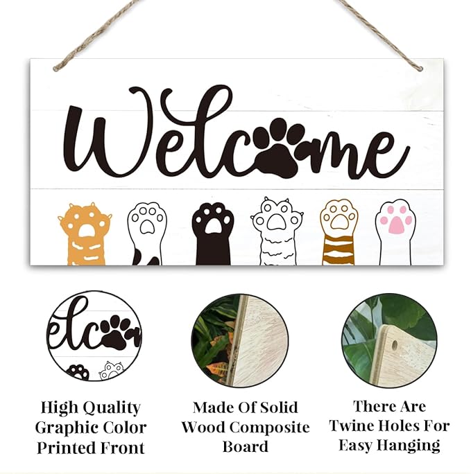 Welcome Sign for Front Door, Welcome Decor Wooden Hanging Sign With Cat Cat's Paw Pattern, Cat Theme Wall Hanging Decor, Funny Wooden Outdoor Front Door Decoration 13.8X6.9 inches