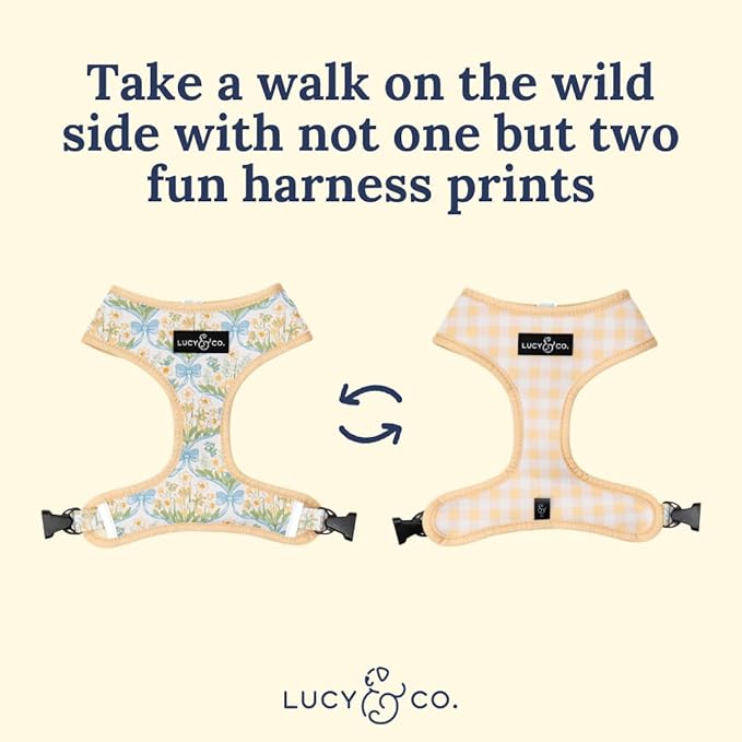 Lucy & Co. Sunshine and Daffodils Reversible Dog Harness, Adjustable Comfort Fit with Dual Leash Attachments, Large
