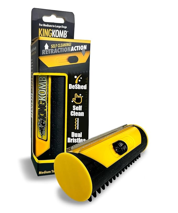 King Kanine Deshedding Dog Brush - Self Cleaning Deshedding Brush for Cats Dogs and Horses - Pet Comb for Grooming and Removing Loose Hair - Designed for Short to Medium Coats of All Stages