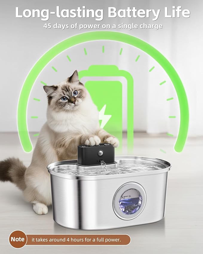 Cat Water Fountain Wireless - Stainless Steel 3.2L/108oz Cordless Pet Fountain - Battery Operated Automatic Water Dispenser for Cats Indoor, with Motion Sensor & Quiet Pump