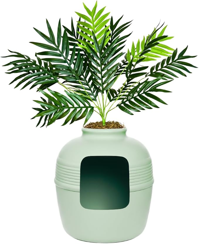 Good Pet Stuff Hidden Litter Box Planter, Decorative Cat Litter Enclosure with Carbon Filter, Artificial Plant, Easy Clean, Improved Design, Round Style, Base Kit, Sage Green