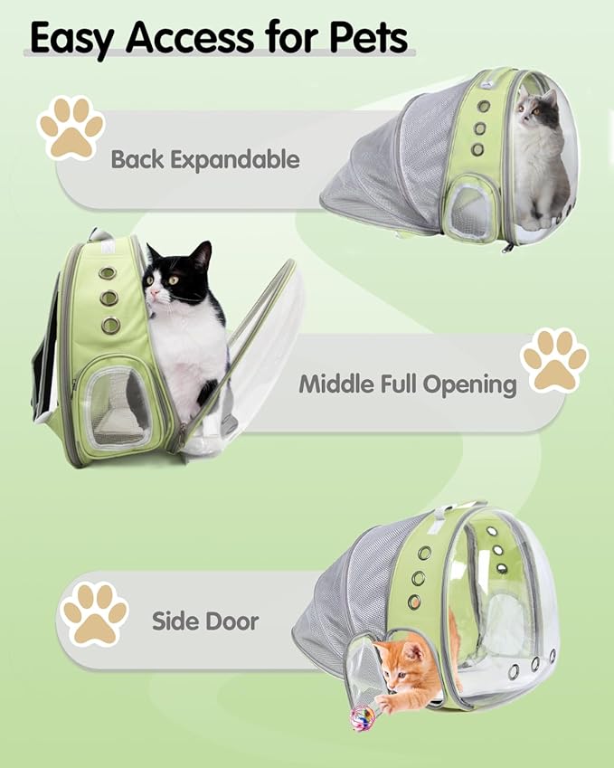 Cat Backpack Carrier Back Expandable Bubble Pet Carrier Backpack for Large Cat, Kitten and Dog, Designed for Hiking, Travelling and Outdoor Use (Back Expandable-LightGreen)