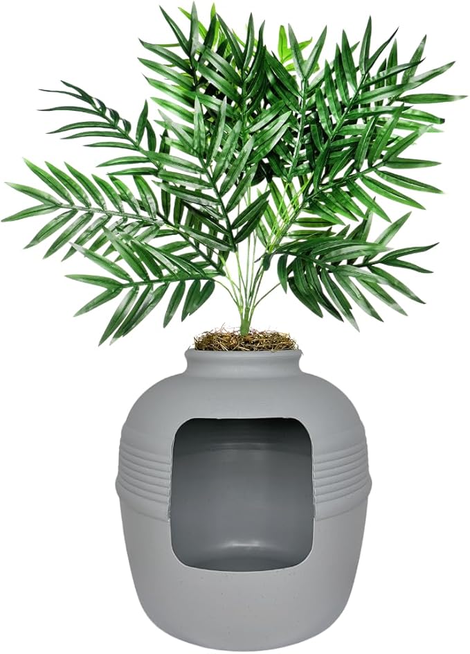 Good Pet Stuff Hidden Litter Box Planter, Decorative Cat Litter Enclosure with Carbon Filter, Artificial Plant, Easy Clean, Indoor Design, Original Round Style, Base Kit, Stone Gray