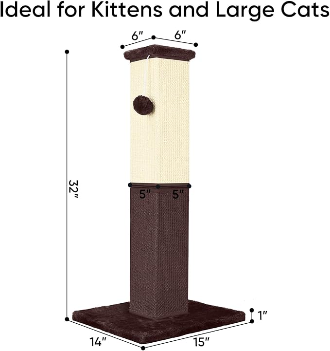 Cat Scratching Post, 32 Inch Cat Scratching Post for Large Cats, Cat Scratcher with Nature Sisal, Cat Scratch Post for Indoor Large Cats and Kitten, Brown