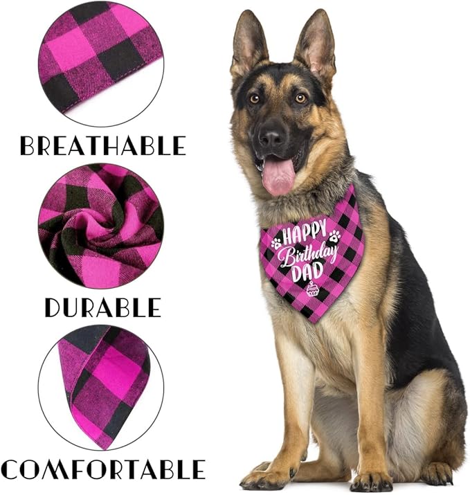 K28 Dog Bandana - Happy Birthday Dad Plaid Dog Scarf Accessory, Pet Scarf Gift for Dad's Birthday Party