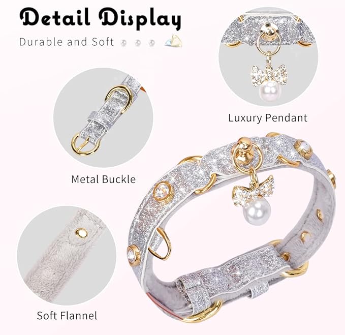 PetsHome Cat Collar, Dog Collar, [Bling Rhinestones] PU Leather Adjustable Pet Collar with Luxury Pendant for Cat and Small Dog Extra Small Silvery