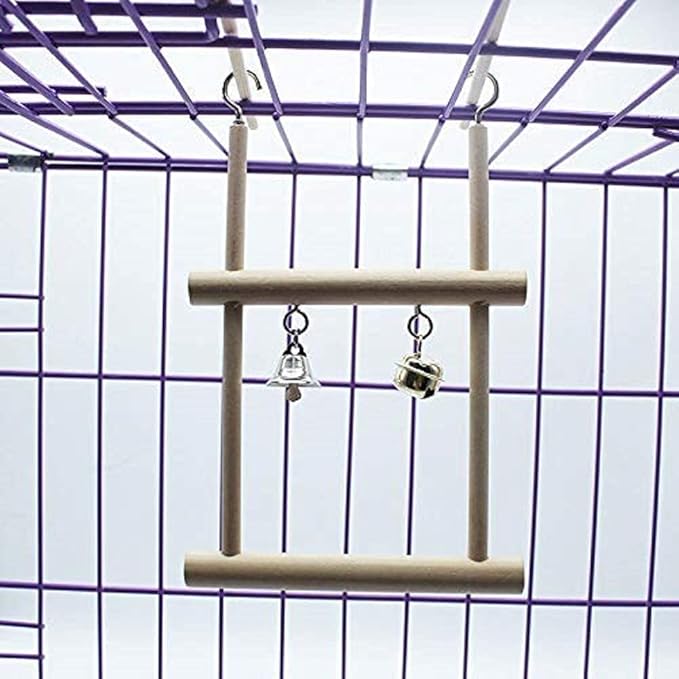 Litewoo Bird Stand Parrot Perches Hanging Swing Natural Wood Stand Platform with Bells for Finch Parakeet Budgie African Grey Cockatiel Cage Accessories