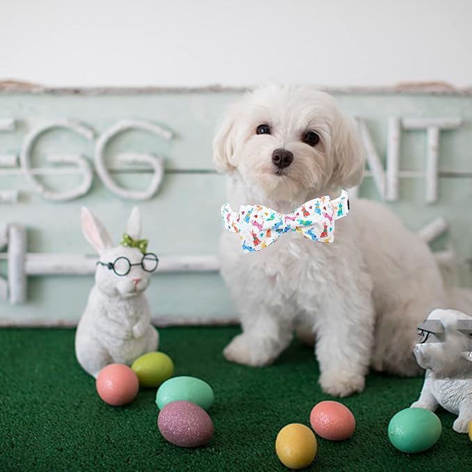 Lionheart glory Easter Dog Collar with Bow Tie Rabbit Print Dog Collar Girl or Boy Soft Durable Adjustable Puppy Gift Collar Bows Spring Collar Dog Bow