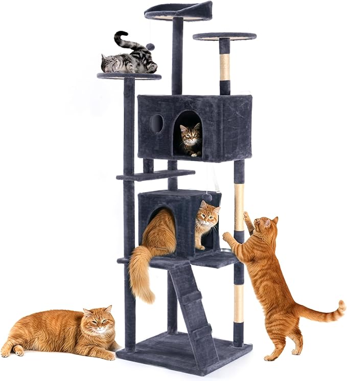 Sweetcrispy 70 Inch Cat Tree Tower, Multi-Level with Cat Scratching Post, Indoor Cat Condo with Climbing Ladder, Plush Toy, Play House for Cat, Dark Grey