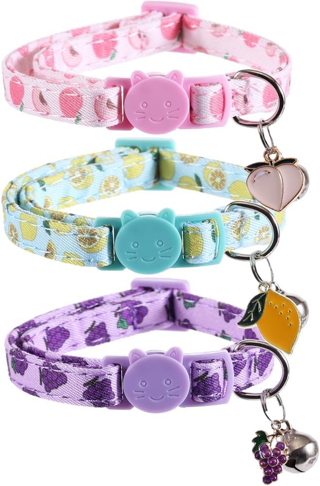 3 Pack Cat Collar Fruits with Bell Pendant Breakaway Adjustable Accessory for Cats Kitten Kitty