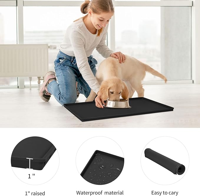 Dog Food Mat,Silicone Waterproof Food Tray,Non Slip Pet Bowl Mats Placemat,1" Raised Edge,Suitable for Most Small and Medium Sized Pets,32" x 24"