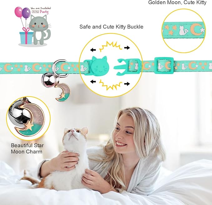 2PCS Breakaway Cat Collars with Bell Cute Kitty Glow in The Dark Adjustable Kitten Collars 7.9-13.0 Inch(Teal&Purple)