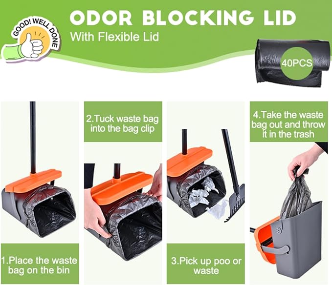 Dog Pooper Scooper Swivel Bin & Rake Kit with 55 Waste Bags, 46" Long Handle Adjustable Portable Non-Breakable Poop Scooper Easy to Clean Pet Waste