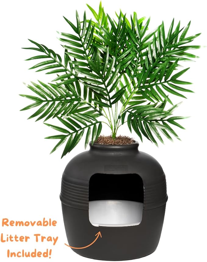 Good Pet Stuff Hidden Litter Box Planter, Decorative Cat Litter Enclosure with Carbon Filter, Artificial Plant, Easy Clean, Indoor Design, Original Round Style, Essentials Kit, Black Suede