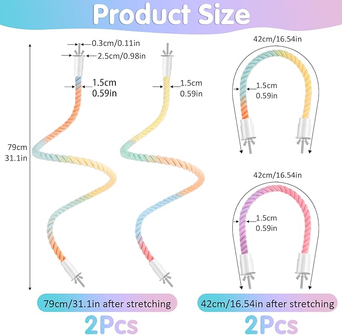 Bird Perch Rope, 4 Pcs 31.1” & 16.54” Bendable Cotton Rope Perches for Bird Cages, Interactive Birds Cage Accessories for Parrots, Parakeets, Cockatiels, Lovebirds, Budgies (2 Long + 2 Short)