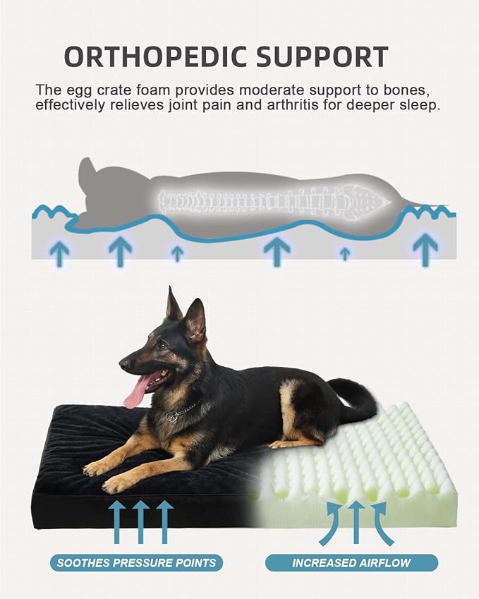 KSIIA Orthopedic Dog Bed Crate Waterproof Pet Mats for Extra Large Dogs Deluxe Plush Washable Pet Bed with Egg Crate Foam & Removable Cover, 47 x 29 Inch, Black