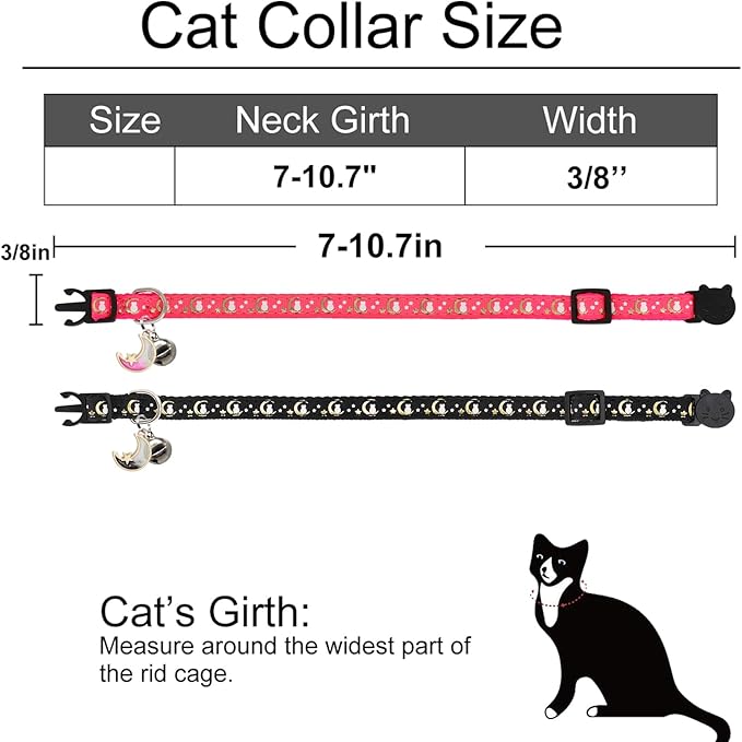 2 Pack Breakaway Cat Collar with Bells, Adjustable Moon and Star Kitten Safety Collars for Boys & Girls, Black+Hotpink