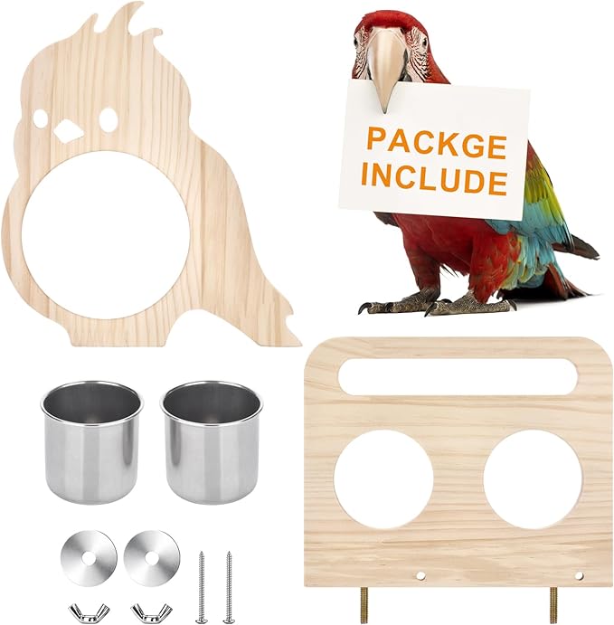 Feeder with Acrylic Mirror & Stainless Steel Bowls, Natural Wood Perch, Cage Accessories, Parakeet Cage Supplies, Tool-Free Adjustable Kit for Parakeet, Cockatiel & Lovebird