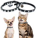 2 Pack Leather Cat Collar Breakaway with Bells and Pendant Adjustable Spiked Kitten Collar for Boy Cats Gothic Studded Cat Collar Moon and Star Black 8”-12”