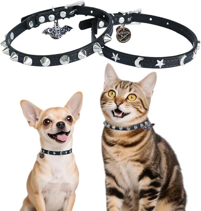 2 Pack Leather Cat Collar Breakaway with Bells and Pendant Adjustable Spiked Kitten Collar for Boy Cats Gothic Studded Cat Collar Moon and Star Black 8”-12”