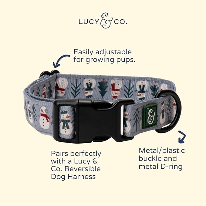 Lucy & Co. Dog Collar - Durable Lightweight Designer Collar for Pets - Adjustable Metal Safety Buckle - Holiday Collar, Snow Much Fun, Gray & White Snowman - Small