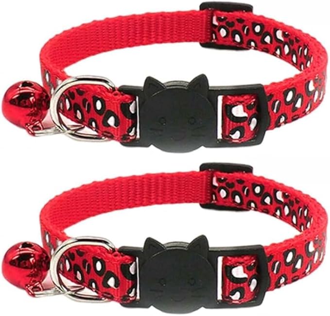Reflective 2 Pack Breakaway Cat Collars with Bell Leopard Pattern Cute Kitty Adjustable 7.5-12.5 Inch Safe Kitten Collars Charms (Red)