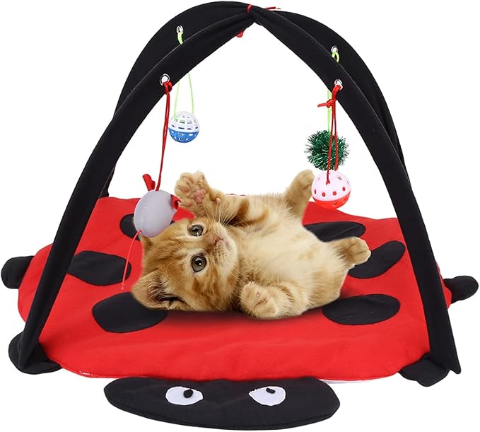Foldable Cat Activity Play Mat Tent, Multi Function Cat Tent Activity Center with Hanging Toy, Cat Activity Center Pet Kitten Cushion Bed Hanging Balls Padded House Center for Cats Exercise Stay