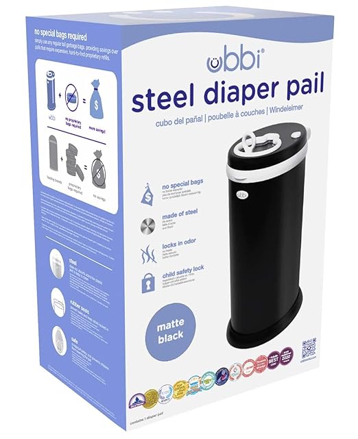 Ubbi Steel Diaper Pail, Odor Locking, No Special Bag Required, Award-Winning, Registry Must-Have, Matte Black