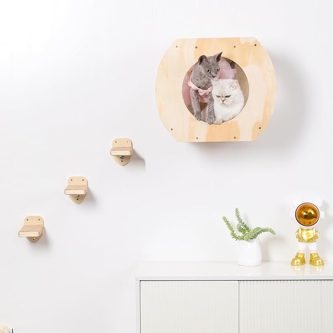 Cat Shelves - 3 Steps, Wall Climbing Shelf with Plush Covered Bed, Large Cats Set