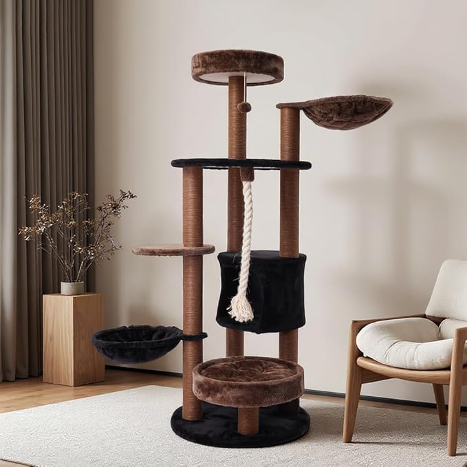 64 in Heavy Duty Cat Tree, Cat Tower for Indoor Large Cats, Multi-Level Cat Furniture with Sisal Scratching Post, Hammock Extra-Large Platform & Condo (Brown)